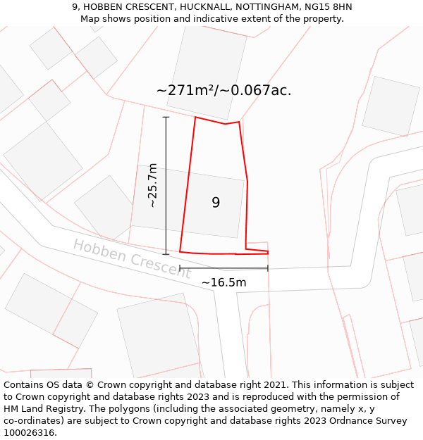 9, HOBBEN CRESCENT, HUCKNALL, NOTTINGHAM, NG15 8HN: Plot and title map