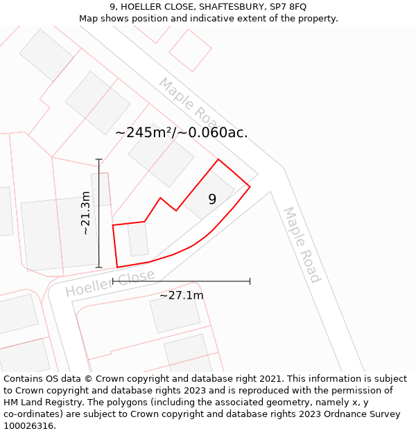 9, HOELLER CLOSE, SHAFTESBURY, SP7 8FQ: Plot and title map