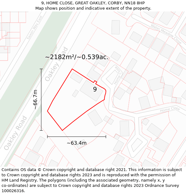 9, HOME CLOSE, GREAT OAKLEY, CORBY, NN18 8HP: Plot and title map