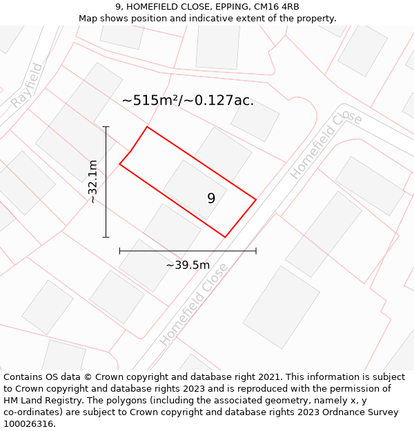 9, HOMEFIELD CLOSE, EPPING, CM16 4RB: Plot and title map