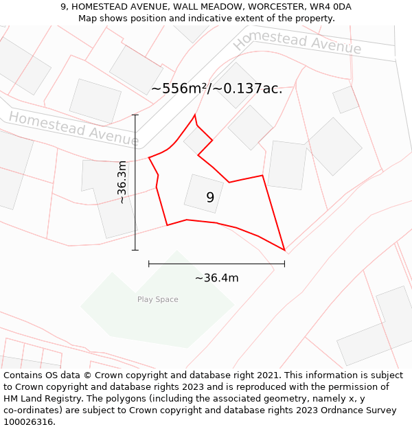 9, HOMESTEAD AVENUE, WALL MEADOW, WORCESTER, WR4 0DA: Plot and title map