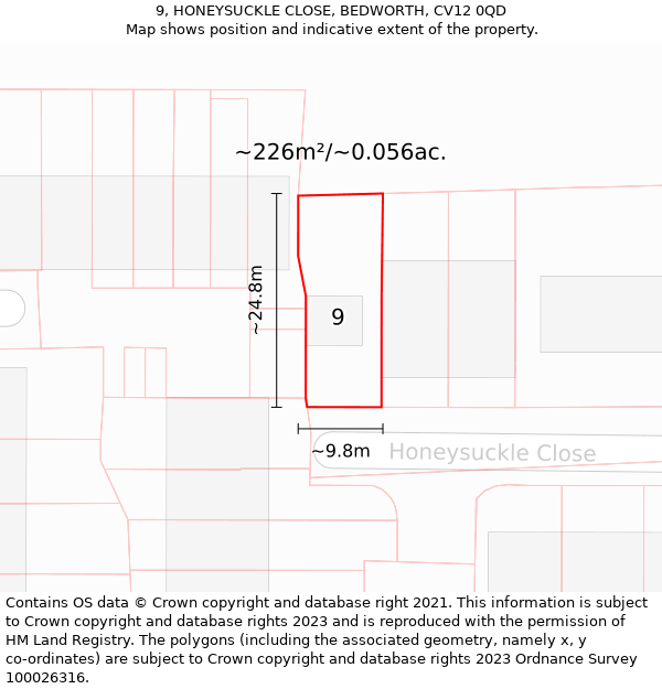 9, HONEYSUCKLE CLOSE, BEDWORTH, CV12 0QD: Plot and title map