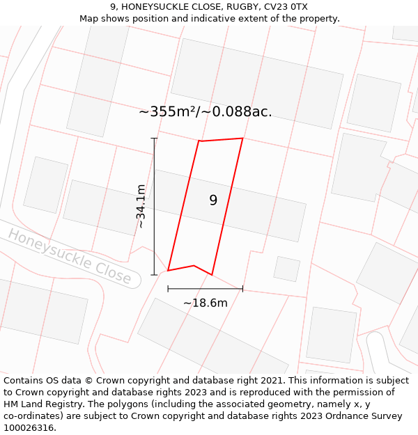 9, HONEYSUCKLE CLOSE, RUGBY, CV23 0TX: Plot and title map