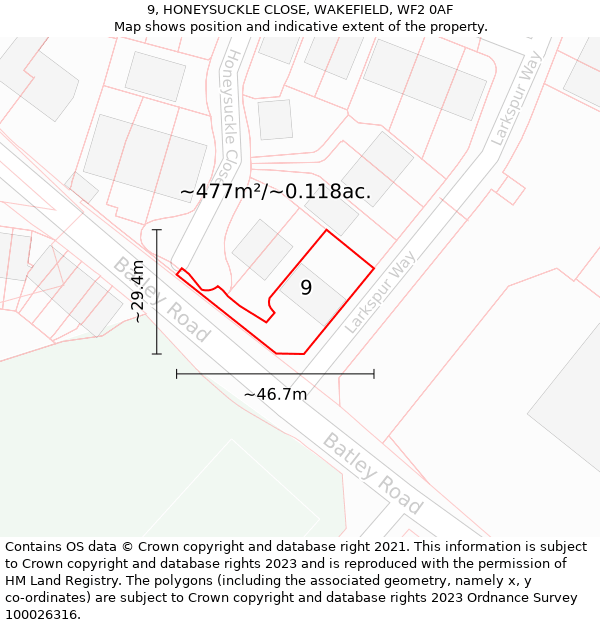 9, HONEYSUCKLE CLOSE, WAKEFIELD, WF2 0AF: Plot and title map