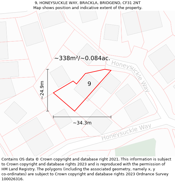 9, HONEYSUCKLE WAY, BRACKLA, BRIDGEND, CF31 2NT: Plot and title map