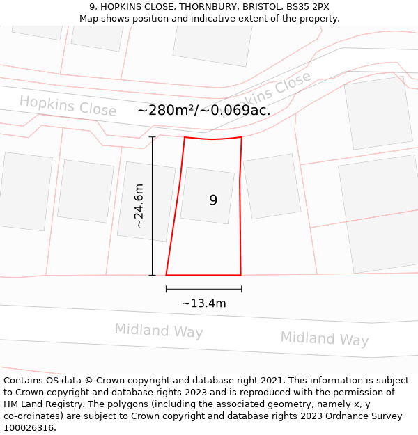 9, HOPKINS CLOSE, THORNBURY, BRISTOL, BS35 2PX: Plot and title map