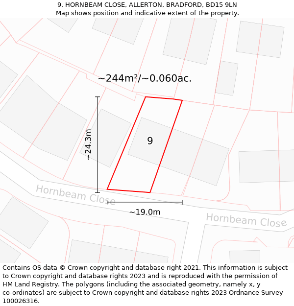 9, HORNBEAM CLOSE, ALLERTON, BRADFORD, BD15 9LN: Plot and title map