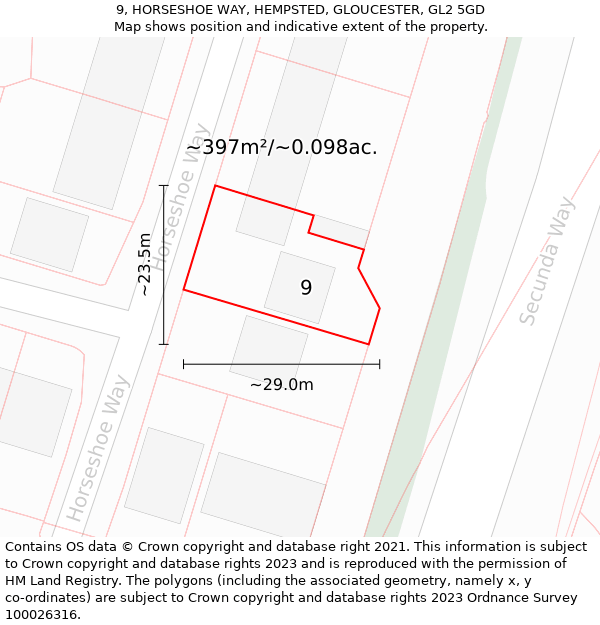 9, HORSESHOE WAY, HEMPSTED, GLOUCESTER, GL2 5GD: Plot and title map