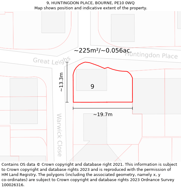 9, HUNTINGDON PLACE, BOURNE, PE10 0WQ: Plot and title map