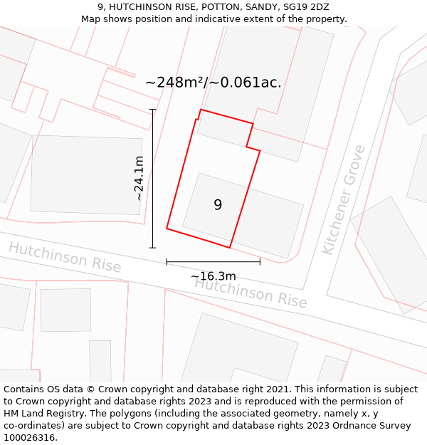 9, HUTCHINSON RISE, POTTON, SANDY, SG19 2DZ: Plot and title map