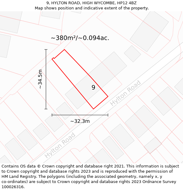 9, HYLTON ROAD, HIGH WYCOMBE, HP12 4BZ: Plot and title map