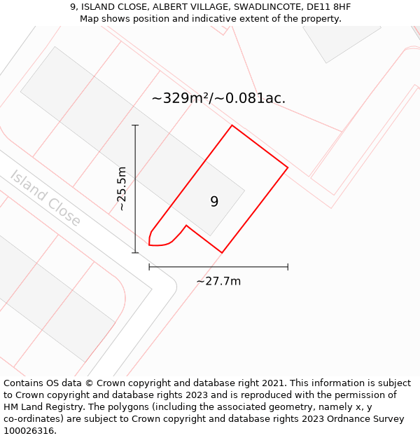 9, ISLAND CLOSE, ALBERT VILLAGE, SWADLINCOTE, DE11 8HF: Plot and title map