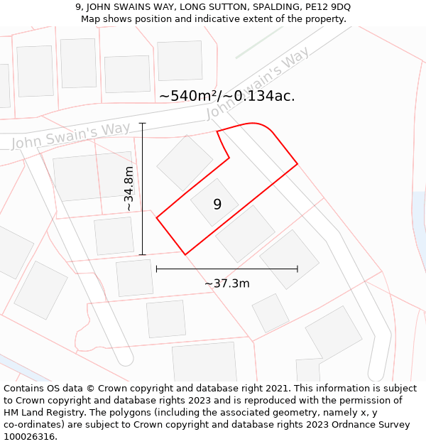 9, JOHN SWAINS WAY, LONG SUTTON, SPALDING, PE12 9DQ: Plot and title map