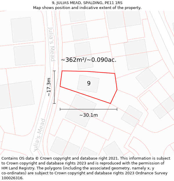 9, JULIAS MEAD, SPALDING, PE11 1RS: Plot and title map