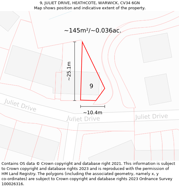 9, JULIET DRIVE, HEATHCOTE, WARWICK, CV34 6GN: Plot and title map