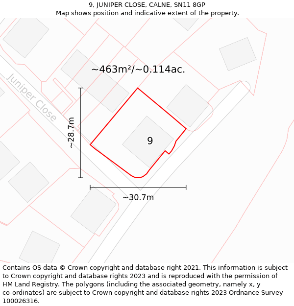 9, JUNIPER CLOSE, CALNE, SN11 8GP: Plot and title map