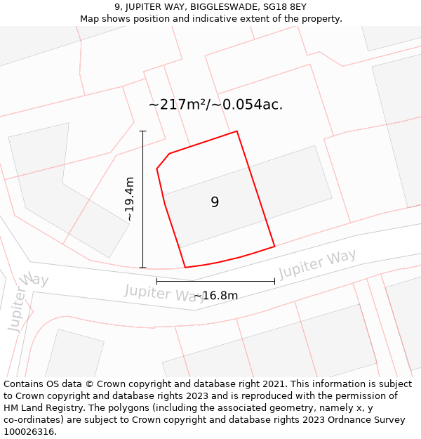 9, JUPITER WAY, BIGGLESWADE, SG18 8EY: Plot and title map