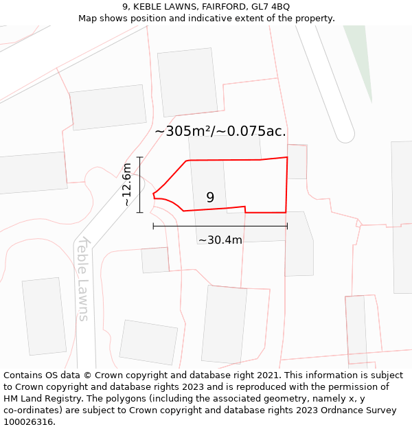 9, KEBLE LAWNS, FAIRFORD, GL7 4BQ: Plot and title map