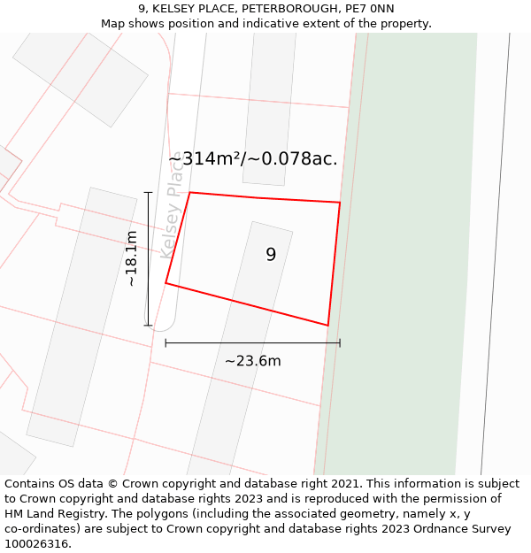 9, KELSEY PLACE, PETERBOROUGH, PE7 0NN: Plot and title map