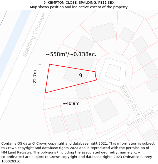 9, KEMPTON CLOSE, SPALDING, PE11 3BX: Plot and title map