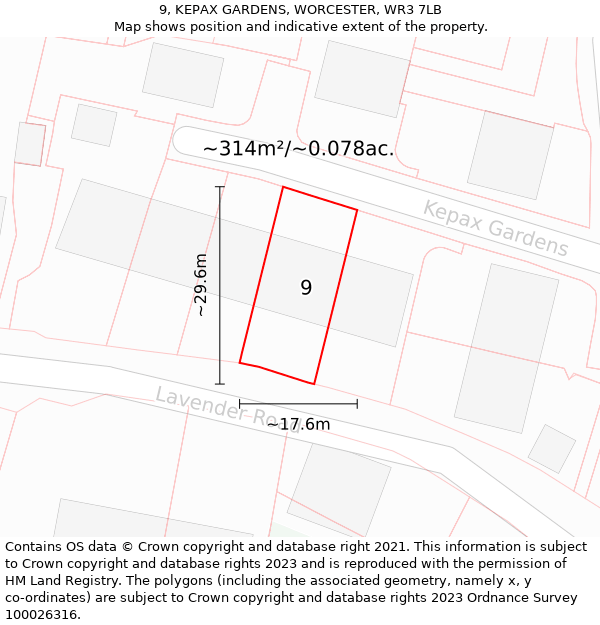9, KEPAX GARDENS, WORCESTER, WR3 7LB: Plot and title map