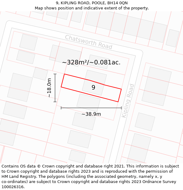 9, KIPLING ROAD, POOLE, BH14 0QN: Plot and title map