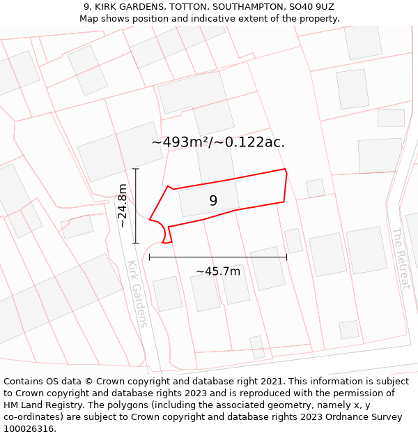 9, KIRK GARDENS, TOTTON, SOUTHAMPTON, SO40 9UZ: Plot and title map