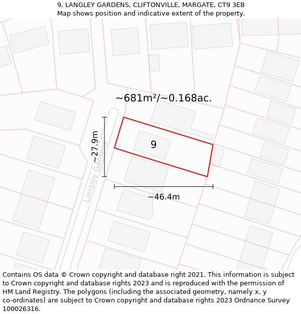 9, LANGLEY GARDENS, CLIFTONVILLE, MARGATE, CT9 3EB: Plot and title map