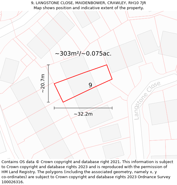 9, LANGSTONE CLOSE, MAIDENBOWER, CRAWLEY, RH10 7JR: Plot and title map