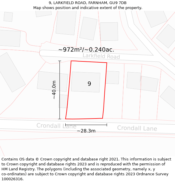 9, LARKFIELD ROAD, FARNHAM, GU9 7DB: Plot and title map