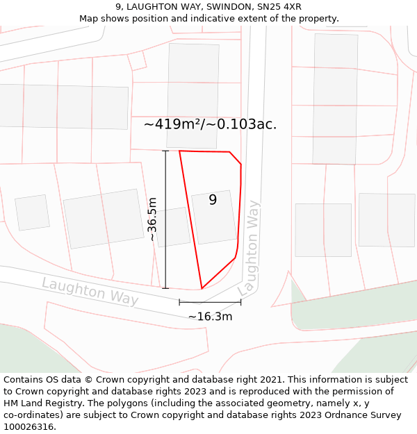 9, LAUGHTON WAY, SWINDON, SN25 4XR: Plot and title map