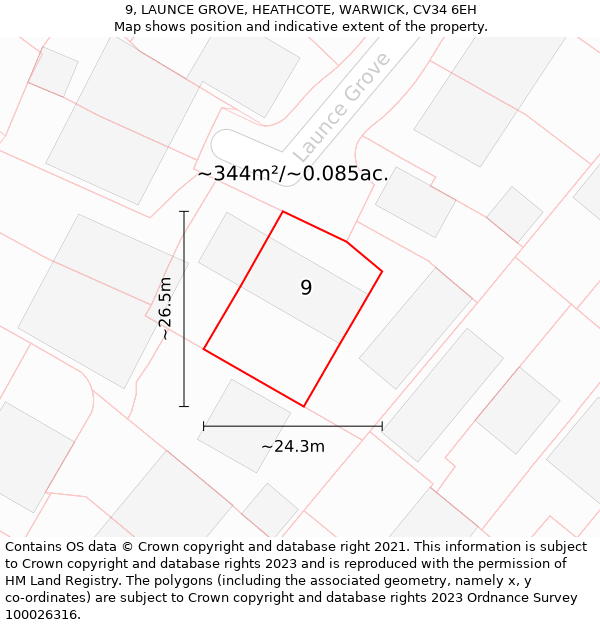 9, LAUNCE GROVE, HEATHCOTE, WARWICK, CV34 6EH: Plot and title map