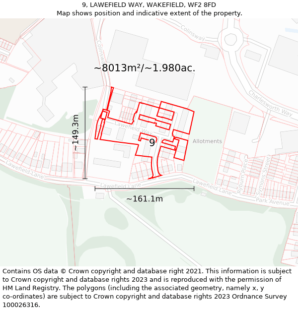 9, LAWEFIELD WAY, WAKEFIELD, WF2 8FD: Plot and title map