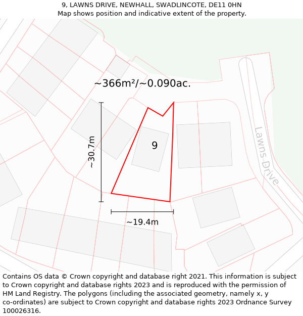 9, LAWNS DRIVE, NEWHALL, SWADLINCOTE, DE11 0HN: Plot and title map