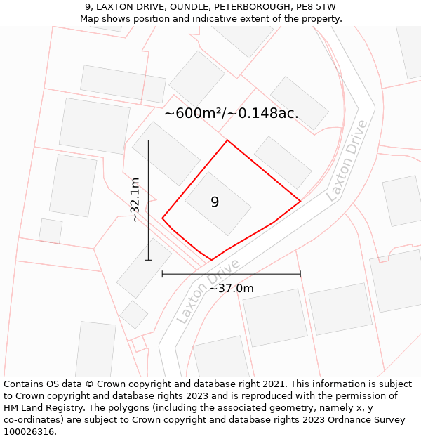 9, LAXTON DRIVE, OUNDLE, PETERBOROUGH, PE8 5TW: Plot and title map