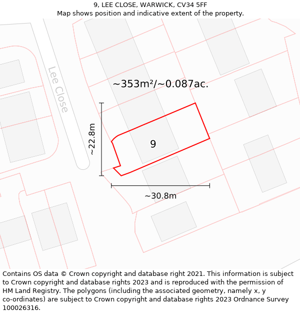 9, LEE CLOSE, WARWICK, CV34 5FF: Plot and title map