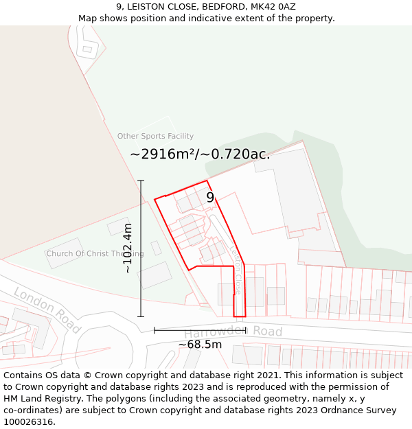 9, LEISTON CLOSE, BEDFORD, MK42 0AZ: Plot and title map