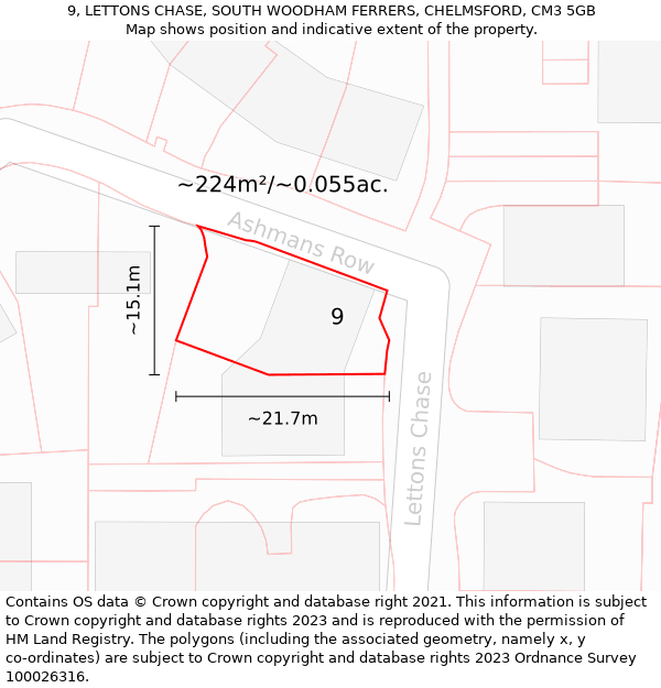 9, LETTONS CHASE, SOUTH WOODHAM FERRERS, CHELMSFORD, CM3 5GB: Plot and title map