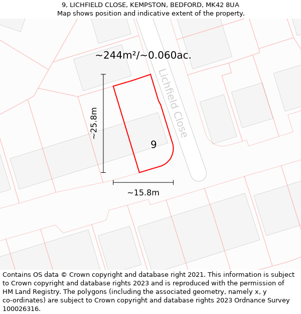 9, LICHFIELD CLOSE, KEMPSTON, BEDFORD, MK42 8UA: Plot and title map