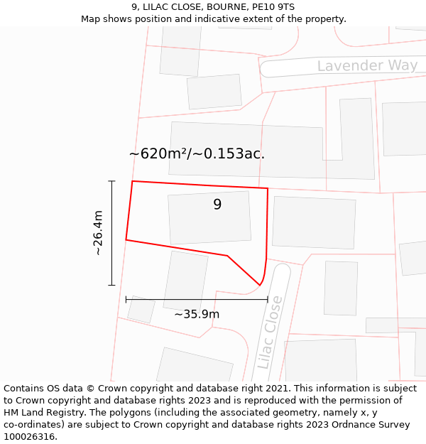 9, LILAC CLOSE, BOURNE, PE10 9TS: Plot and title map