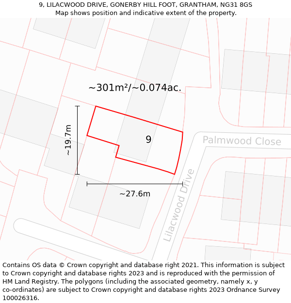 9, LILACWOOD DRIVE, GONERBY HILL FOOT, GRANTHAM, NG31 8GS: Plot and title map