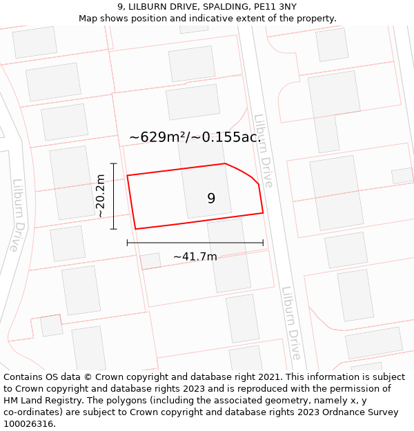 9, LILBURN DRIVE, SPALDING, PE11 3NY: Plot and title map