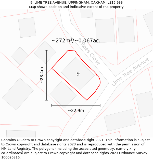 9, LIME TREE AVENUE, UPPINGHAM, OAKHAM, LE15 9SS: Plot and title map