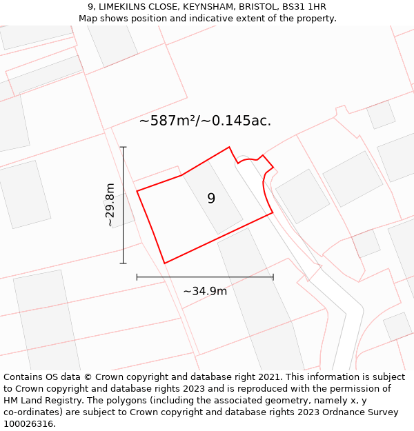 9, LIMEKILNS CLOSE, KEYNSHAM, BRISTOL, BS31 1HR: Plot and title map