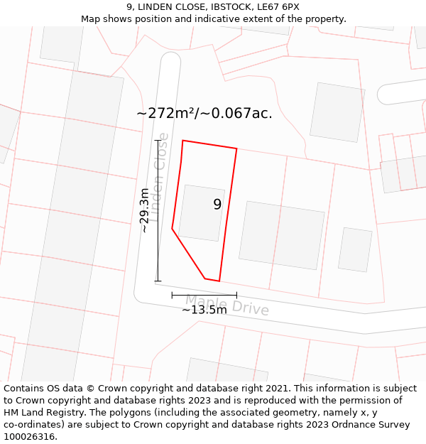 9, LINDEN CLOSE, IBSTOCK, LE67 6PX: Plot and title map