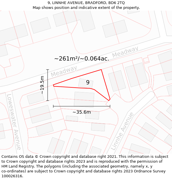 9, LINNHE AVENUE, BRADFORD, BD6 2TQ: Plot and title map