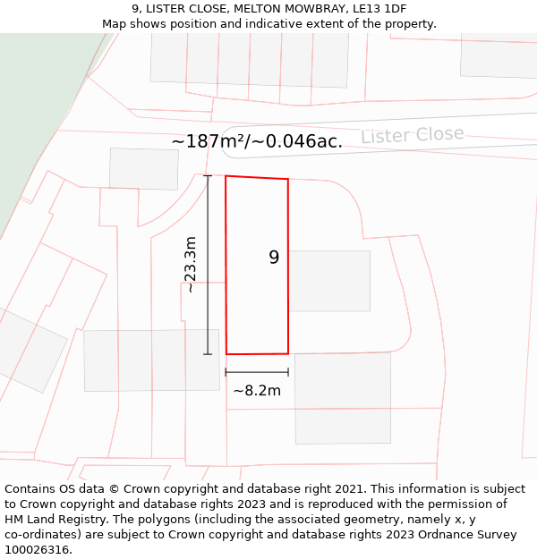 9, LISTER CLOSE, MELTON MOWBRAY, LE13 1DF: Plot and title map