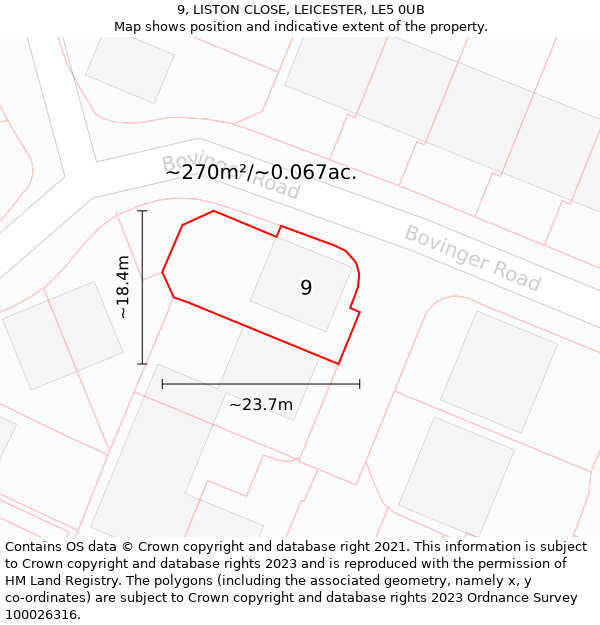 9, LISTON CLOSE, LEICESTER, LE5 0UB: Plot and title map