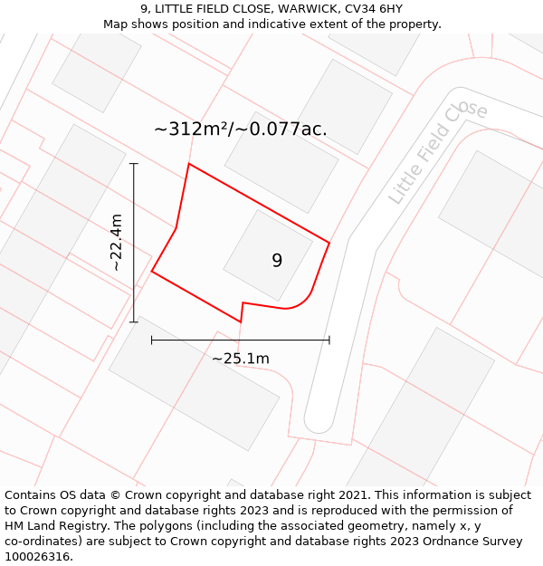 9, LITTLE FIELD CLOSE, WARWICK, CV34 6HY: Plot and title map