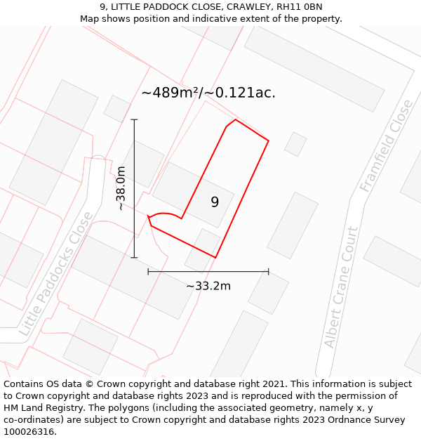 9, LITTLE PADDOCK CLOSE, CRAWLEY, RH11 0BN: Plot and title map